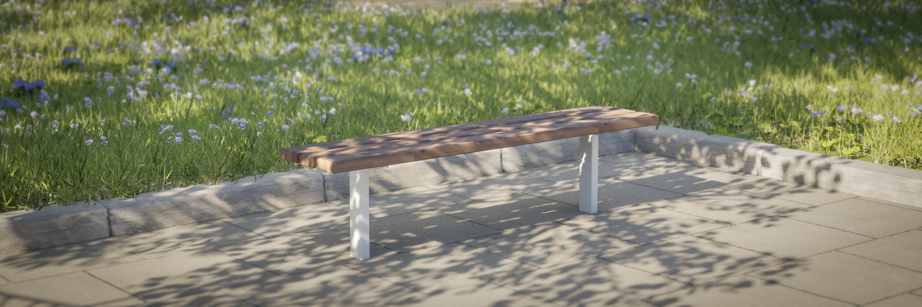 A rendered image of an Ekeby bench without backrest, it is dappled with shadows from a tree.